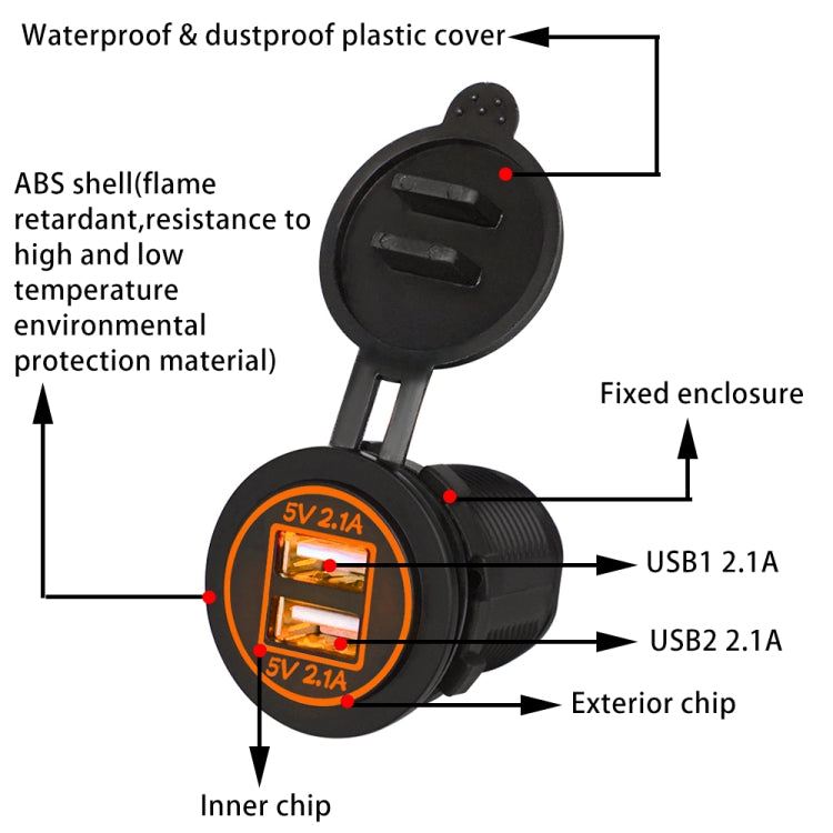 Universal Car Charger 2 Port Power Socket Power Dual USB Charger 5V 4.2A IP66 with Aperture(Orange Light) - DIY Modified Charger by PMC TechLife | Online Shopping South Africa | PMC TechLife | Buy Now Pay Later Mobicred