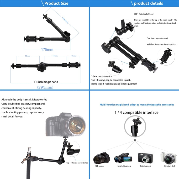 11 inch Adjustable Friction Articulating Magic Arm + Large Claws Clips with Phone Clamp(Black) - Camera Gimbal by PMC TechLife | Online Shopping South Africa | PMC TechLife
