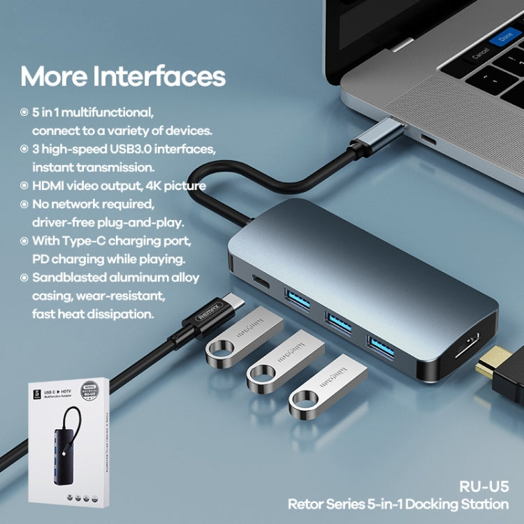 Remax RU-U5 5 In1 Multi-function Type-C / USB-C HUB Docking Station(Dark Grey) - free shipping - PMC Jewellery - Order now!