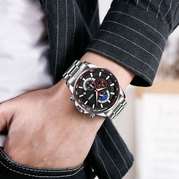 SKMEI 9250 Men Moonphase Stopwatch Date Six Pin Stainless Steel Strap Quartz Watch(Silver Blue) - free shipping - PMC TechLife - Order now!