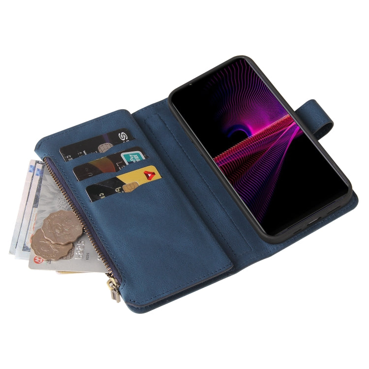 For Sony Xperia 1 III Skin Feel PU + TPU Horizontal Flip Leather Case With Holder & 15 Cards Slot & Wallet & Zipper Pocket & Lanyard(Blue) - free shipping - PMC TechLife - Order now!