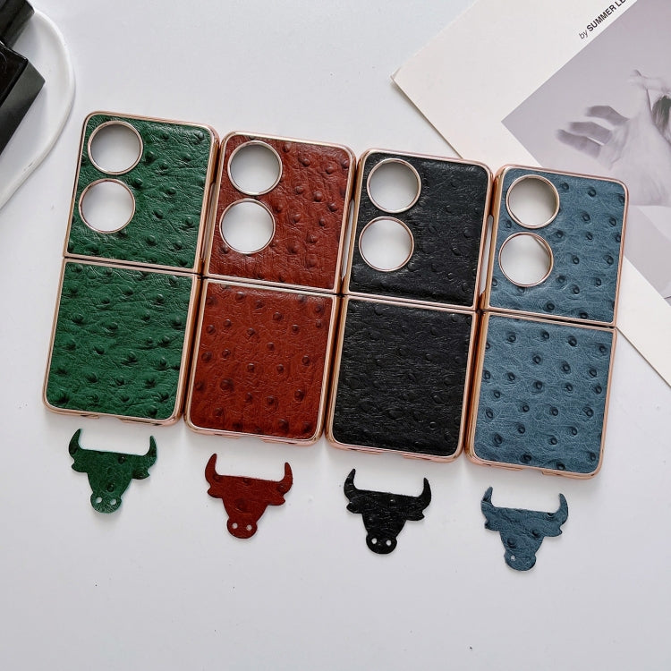For Huawei P50 Pocket Genuine Leather Ostrich Texture Nano Plating Phone Case(Blue) - Huawei Cases by PMC TechLife | Online Shopping South Africa | PMC TechLife | Buy Now Pay Later Mobicred