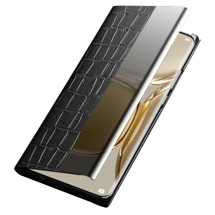 For Huawei P50 QIALINO Crocodile Pattern Side Window View Genuine Leather Phone Case(Black) - free shipping - PMC TechLife - Order now!
