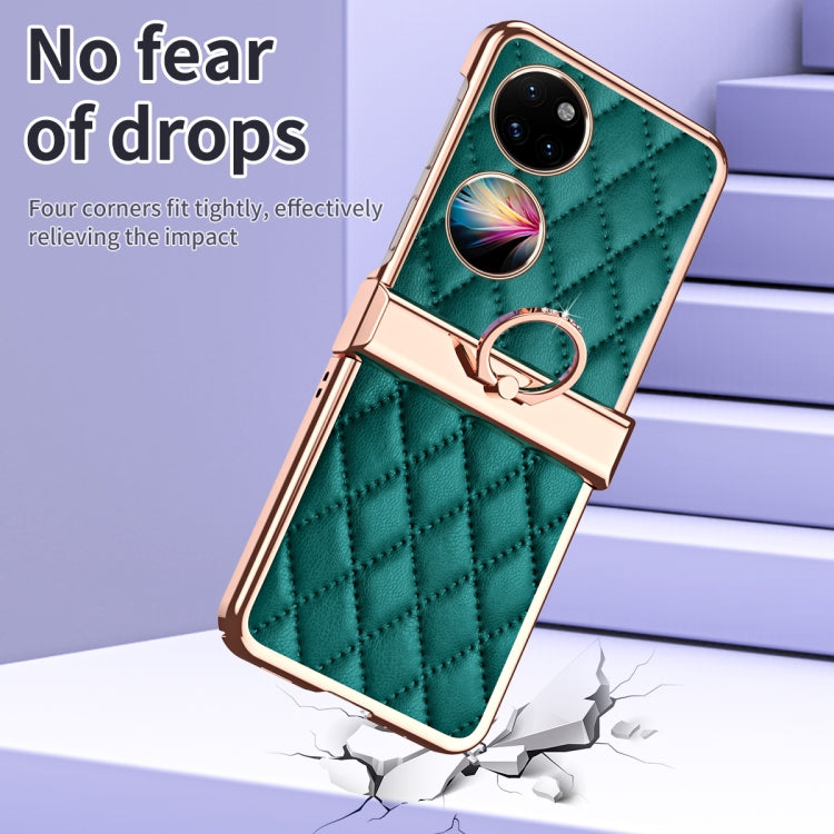 For Huawei P50 Pocket Grid Leather Pattern Electroplating Frame Folding Phone Case(Green) - Huawei Cases by PMC TechLife | Online Shopping South Africa | PMC TechLife | Buy Now Pay Later Mobicred
