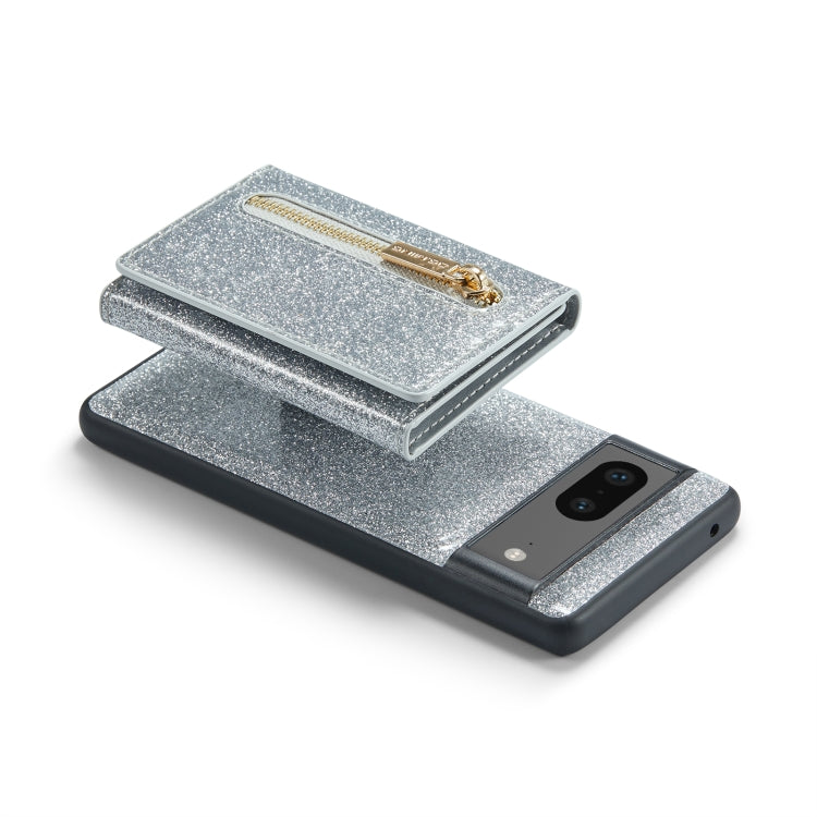 For Google Pixel 7 DG.MING M3 Series Glitter Powder Card Bag Leather Case(Silver) - Google Cases by DG.MING | Online Shopping South Africa | PMC TechLife | Buy Now Pay Later Mobicred