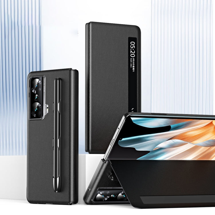 For Honor Magic Vs Side Window View Smart Lychee Texture Leather Phone Case with Pen Slot(Black) - Honor Cases by PMC TechLife | Online Shopping South Africa | PMC TechLife | Buy Now Pay Later Mobicred