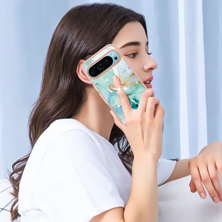 For Google Pixel 9 / 9 Pro Electroplating Marble IMD TPU Phone Case with Ring Holder(Green 003) - Google Cases by PMC TechLife | Online Shopping South Africa | PMC TechLife | Buy Now Pay Later Mobicred