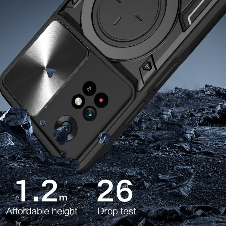 For Xiaomi Poco M4 Pro 4G CD Texture Sliding Camshield Magnetic Holder Phone Case(Blue) - Xiaomi Cases by PMC TechLife | Online Shopping South Africa | PMC TechLife | Buy Now Pay Later Mobicred