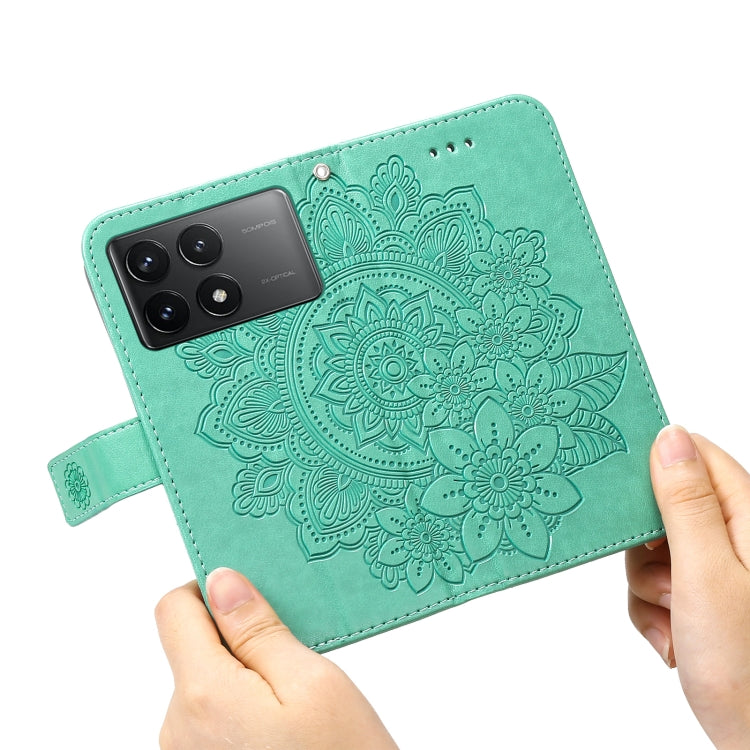For Xiaomi Redmi K70 / K70 Pro 7-petal Flowers Embossing Leather Phone Case(Green) - K70 Pro Cases by PMC TechLife | Online Shopping South Africa | PMC TechLife | Buy Now Pay Later Mobicred