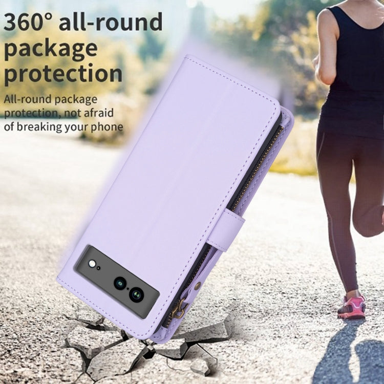 For Google Pixel 7a 9 Card Slots Zipper Wallet Leather Flip Phone Case(Light Purple) - Google Cases by PMC TechLife | Online Shopping South Africa | PMC TechLife | Buy Now Pay Later Mobicred