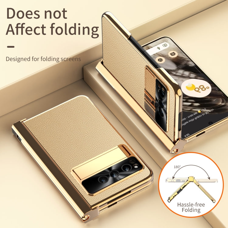 For Google Pixel Fold Litchi Pattern Electroplating Pen Slot Folding Phone Case with Stylus(Gold) - Google Cases by PMC TechLife | Online Shopping South Africa | PMC TechLife | Buy Now Pay Later Mobicred