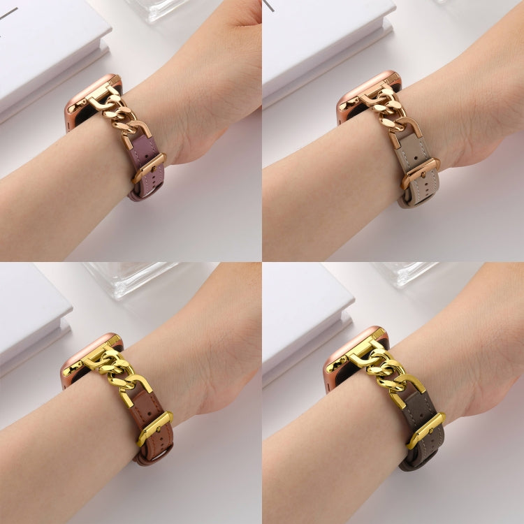For Apple Watch Series 7 41mm Chain Genuine Leather Watch Band, Size: S(Gold Dark Brown) - free shipping - PMC TechLife - Order now!