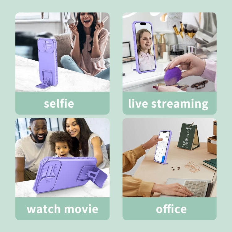 For iPhone 16 Stereoscopic Holder Sliding Camshield Phone Case(Purple) - free shipping - PMC TechLife - Order now!