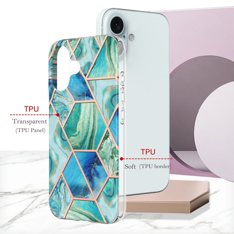 For iPhone 16 Plus Electroplating Splicing Marble Flower Pattern Dual-side IMD TPU Shockproof Phone Case(Green) - free shipping - PMC TechLife - Order now!