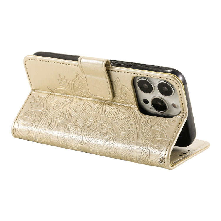 For iPhone 16 Pro Totem Flower Embossed Leather Phone Case(Gold) - iPhone 16 Pro Cases by PMC TechLife | Online Shopping South Africa | PMC TechLife | Buy Now Pay Later Mobicred