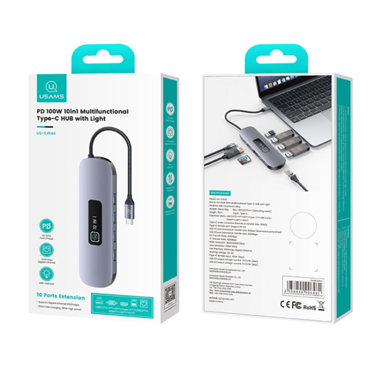 USAMS US-SJ644 PD100W 10 in 1 Aluminum Alloy Multifunctional Type-C HUB with Light(Metal Grey) - free shipping - PMC Jewellery - Order now!