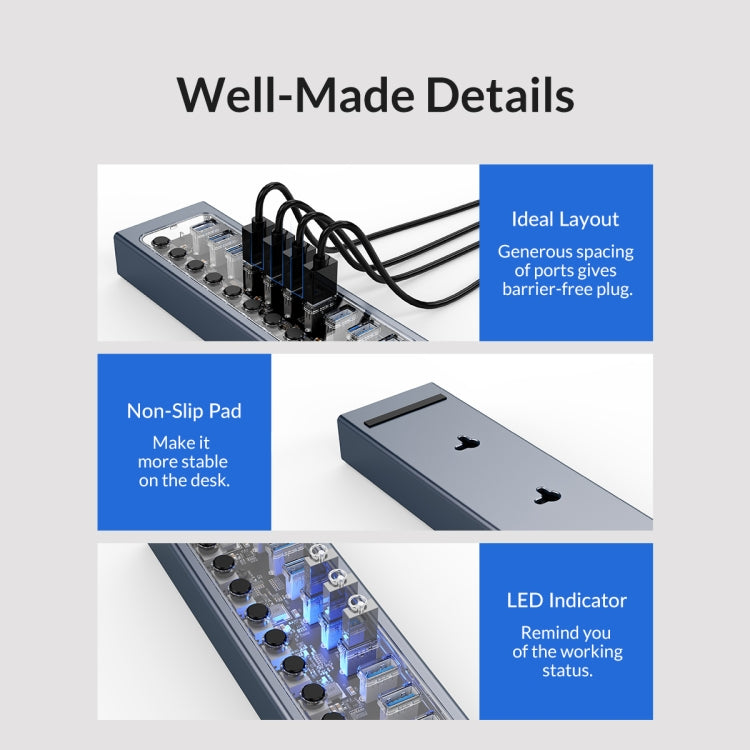 ORICO AT2U3-16AB-GY-BP 16 Ports USB 3.0 HUB with Individual Switches & Blue LED Indicator(EU Plug) - free shipping - PMC Jewellery - Order now!