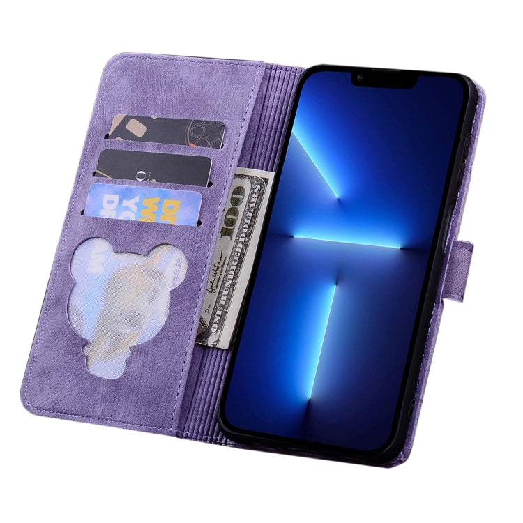 For iPhone 16 Cartoon Sakura Cat Embossed Leather Phone Case(Purple) - iPhone 16 Cases by PMC TechLife | Online Shopping South Africa | PMC TechLife | Buy Now Pay Later Mobicred