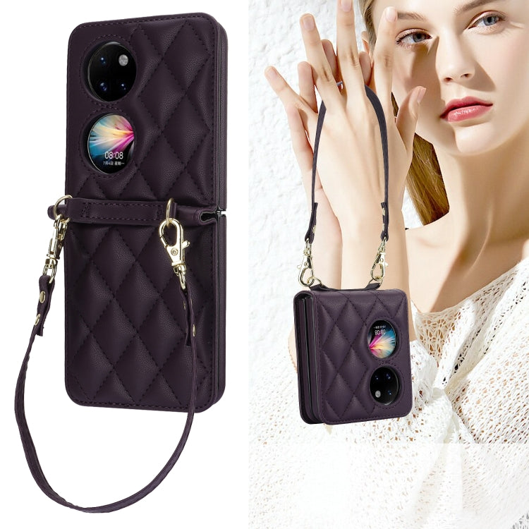 For Huawei P50 Pocket Rhombic Texture Card Bag Phone Case with Dual Lanyard(Dark Purple) - free shipping - PMC TechLife - Order now!