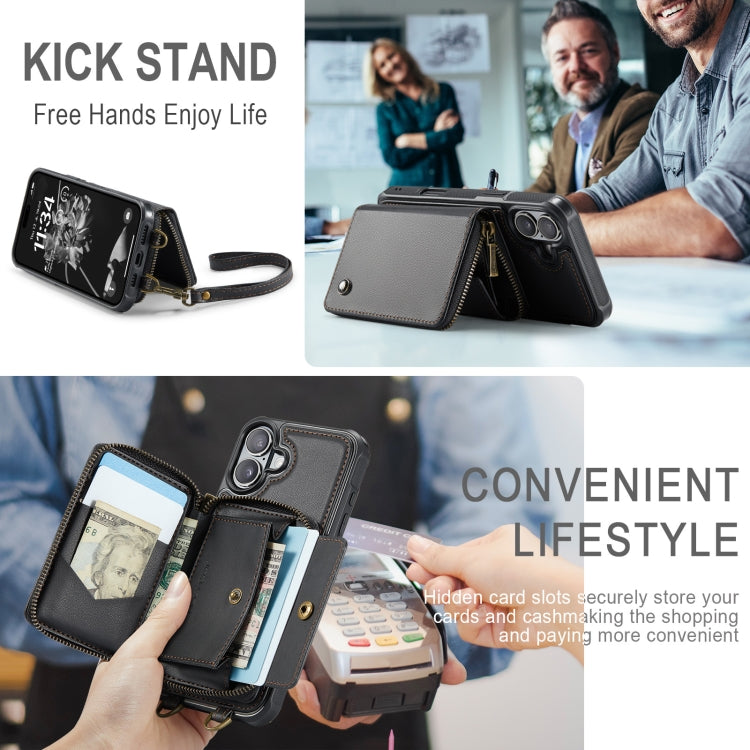 For iPhone 16 Plus JEEHOOD C22 Series Zipper Wallet Leather Phone Case with Dual Lanyard(Coffee) - free shipping - PMC Jewellery - Order now!