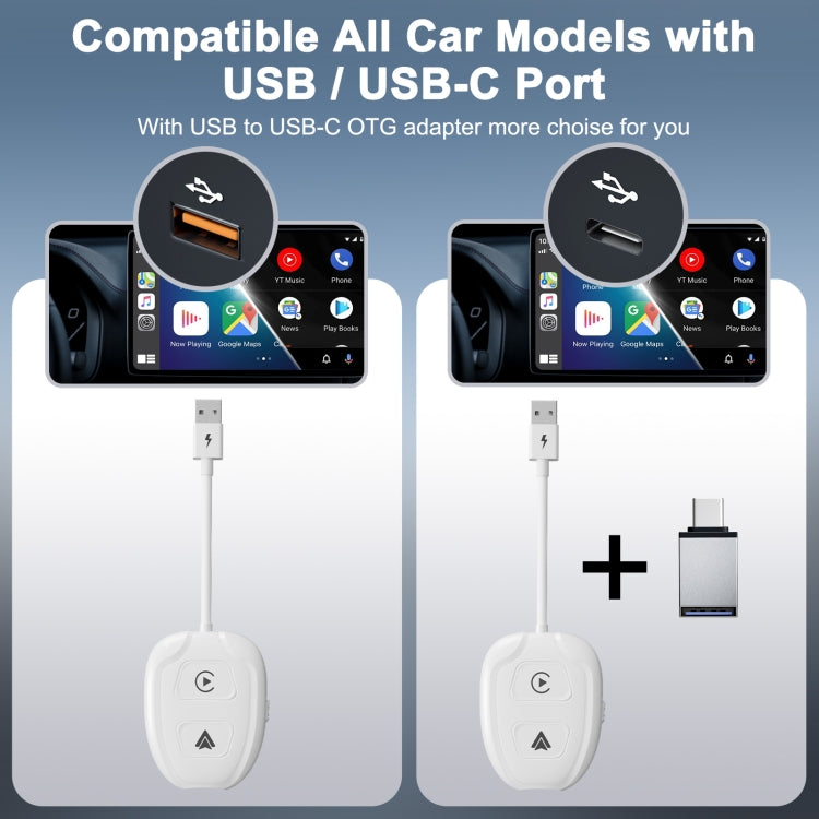 THT-020-9-1 USB + USB-C / Type-C Wired to Wireless Carplay / Android Auto Adapter(White) - free shipping - PMC TechLife - Order now!