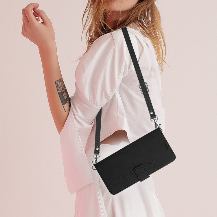 For Motorola Moto G Play 5G 2024 / G 5G 2024 Skin Feel Heart Embossed Leather Phone Case with Long Lanyard(Black) - Motorola Cases by PMC Jewellery | Online Shopping South Africa | PMC Jewellery | Buy Now Pay Later Mobicred