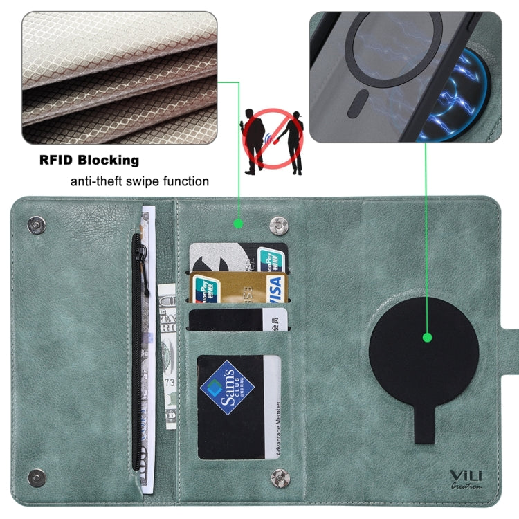 For iPhone 15 Pro ViLi GV Series MagSafe Magnetic Zipper Leather Phone Case(Green) - free shipping - PMC Jewellery - Order now!