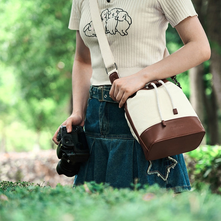 Cwatcun D100 Canvas PU Waterproof Bundle Drawstring Lens Bag Crossbody Camera Bag, Size:20 x 11 x 26cm(Beige) - free shipping - PMC TechLife - Order now!