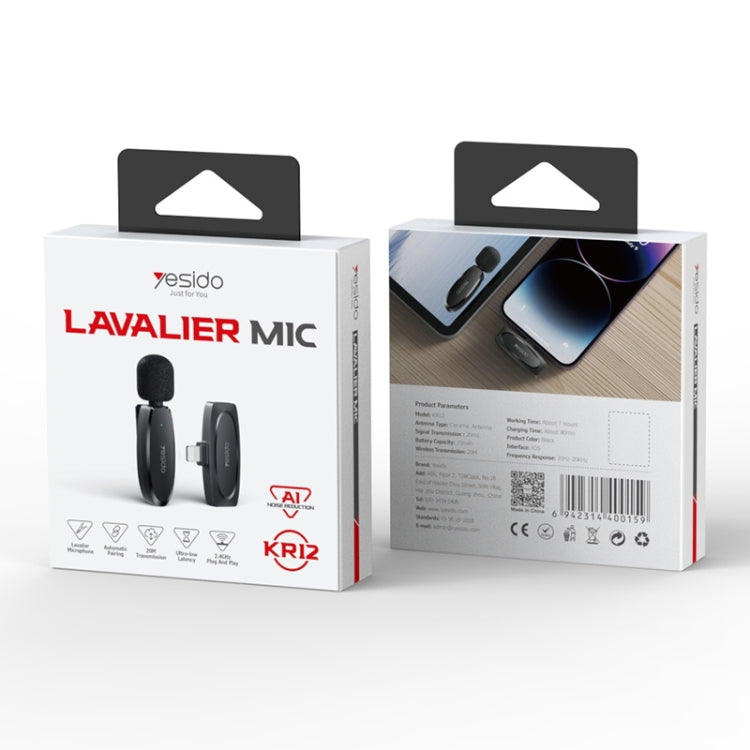 YESIDO KR12 Low-latency Wireless Lavalier Microphone with 8 Pin Receiver(Black) - Microphone by Yesido | Online Shopping South Africa | PMC TechLife | Buy Now Pay Later Mobicred
