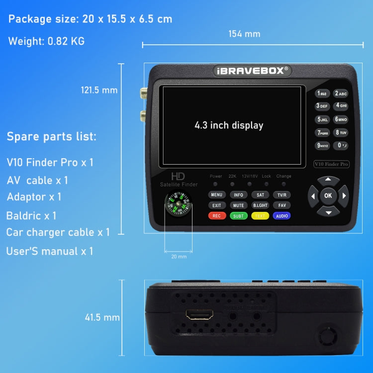 iBRAVEBOX V10 Finder Pro 4.3 inch Display Digital Satellite Meter Signal Finder, Support DVB-S/S2/S2X/T/T2/C, Plug Type:EU Plug(Black) - Satellite Finder by PMC TechLife | Online Shopping South Africa | PMC TechLife | Buy Now Pay Later Mobicred