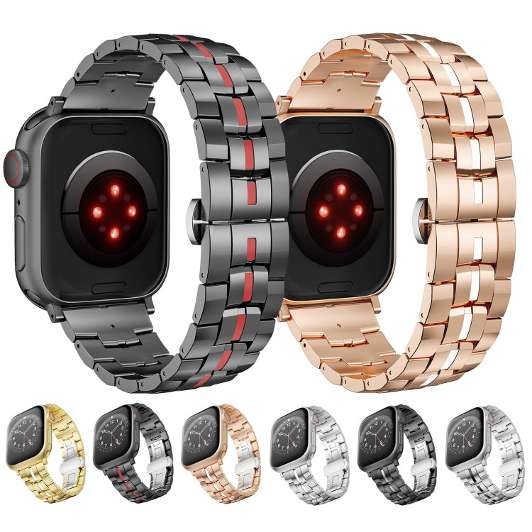 For Apple Watch Series 7 45mm Butterfly Buckle 5-Beads Metal Watch Band(Black Silver) - Watch Bands by PMC TechLife | Online Shopping South Africa | PMC TechLife