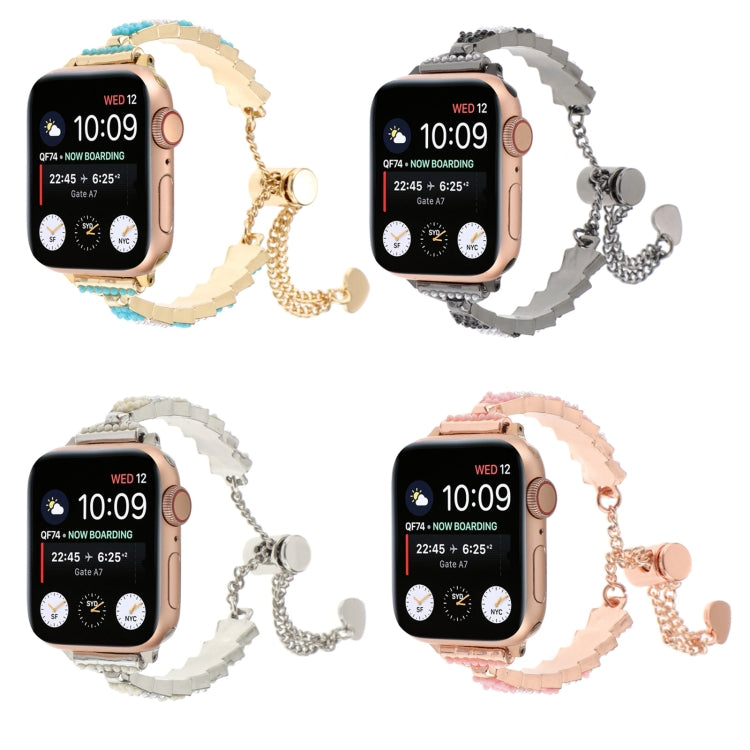 For Apple Watch Series 4 40mm Shell Beads Chain Bracelet Metal Watch Band(Beige White Silver) - free shipping - PMC TechLife - Order now!