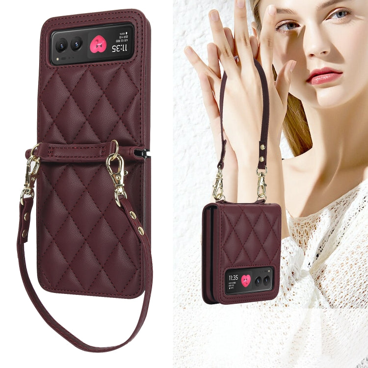 For Motorola Razr 40 Rhombic Texture Phone Case with Long & Short Lanyard(Wine Red) - free shipping - PMC TechLife - Order now!