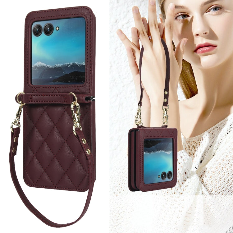 For Motorola Razr 40 Ultra Rhombic Texture Phone Case with Long & Short Lanyard(Wine Red) - Motorola Cases by PMC TechLife | Online Shopping South Africa | PMC TechLife | Buy Now Pay Later Mobicred