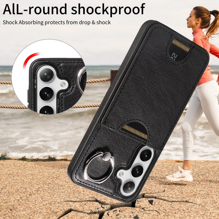 For Samsung Galaxy S24 5G Calf Texture Card Slot Ring Holder Phone Case(Black) - Galaxy S24 5G Cases by PMC TechLife | Online Shopping South Africa | PMC TechLife