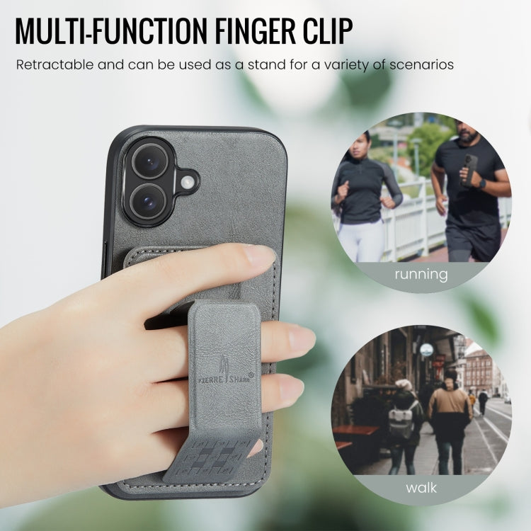 For iPhone 16 Plus Fierre Shann Oil Wax Cow Leather Card Holder Back Phone Case(Grey) - free shipping - PMC Jewellery - Order now!