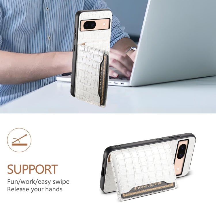For Google Pixel 8a Crocodile Texture Card Bag Design Full Coverage Phone Case(White) - Google Cases by PMC TechLife | Online Shopping South Africa | PMC TechLife | Buy Now Pay Later Mobicred