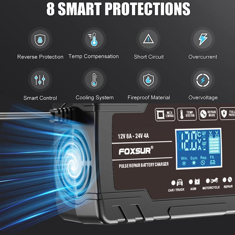 FOXSUR 8A 12V 24V Car / Motorcycle Smart Battery Charger, Plug Type:UK Plug(Black) - free shipping - PMC TechLife - Order now!