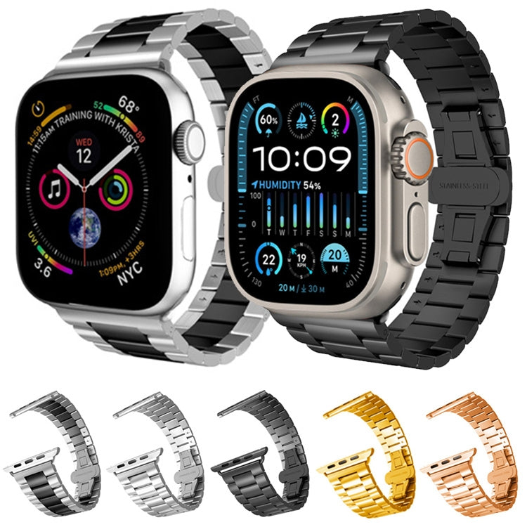 For Apple Watch SE 2023 40mm Three-bead Butterfly Buckle Metal Watch Band(Black) - Watch Bands by PMC TechLife | Online Shopping South Africa | PMC TechLife