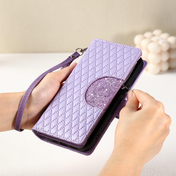 For iPhone 16e Glitter Lattice Zipper Wallet Leather Phone Case(Purple) - iPhone 16e Cases by PMC TechLife | Online Shopping South Africa | PMC TechLife | Buy Now Pay Later Mobicred