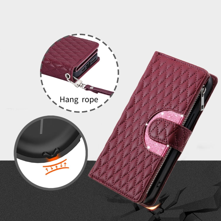 For Google Pixel 7 5G Glitter Lattice Zipper Wallet Leather Phone Case(Wine Red) - Google Cases by PMC TechLife | Online Shopping South Africa | PMC TechLife | Buy Now Pay Later Mobicred