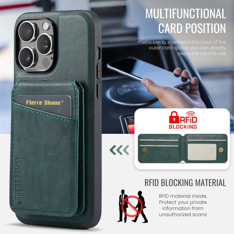 For iPhone 15 Pro Max Fierre Shann Cowhide Vertical Flip Magnetic Card Holder Phone Case(Green) - iPhone 15 Pro Max Cases by FIERRE SHANN | Online Shopping South Africa | PMC Jewellery | Buy Now Pay Later Mobicred