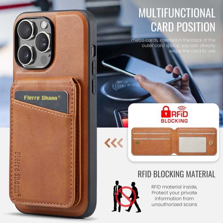 For iPhone 16 Pro Fierre Shann Cowhide Vertical Flip Magnetic Card Holder Phone Case(Brown) - free shipping - PMC Jewellery - Order now!