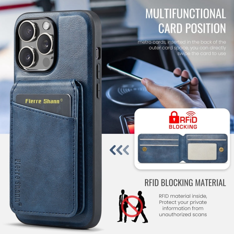 For iPhone 16 Pro Fierre Shann Cowhide Vertical Flip Magnetic Card Holder Phone Case(Blue) - free shipping - PMC Jewellery - Order now!
