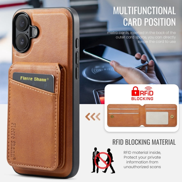 For iPhone 16 Plus Fierre Shann Cowhide Vertical Flip Magnetic Card Holder Phone Case(Brown) - iPhone 16 Plus Cases by FIERRE SHANN | Online Shopping South Africa | PMC Jewellery | Buy Now Pay Later Mobicred