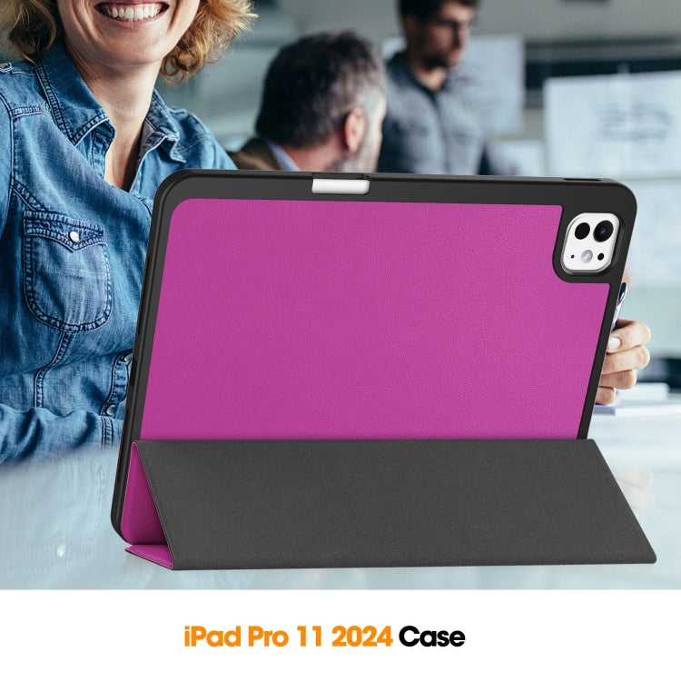 For iPad Pro 11 2024 Custer TPU Pure Color 3-Fold Holder Smart Leather Tablet Case with Pen Tray(Purple) - free shipping - PMC TechLife - Order now!