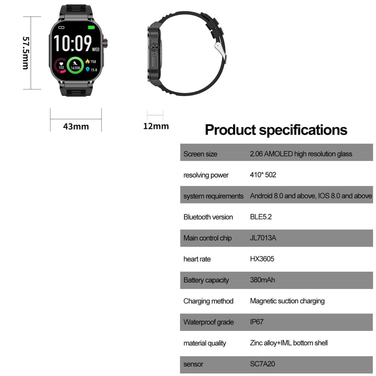 G40S 2.06 inch IP67 BT5.2 Sport Smart Watch, Support Bluetooth Call / Sleep / Blood Oxygen / Heart Rate / Blood Pressure Health Monitor(Black) - Smart Watches by PMC TechLife | Online Shopping South Africa | PMC TechLife | Buy Now Pay Later Mobicred