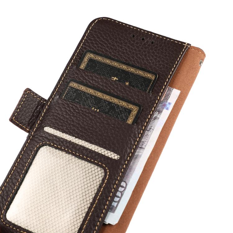 For iPhone 17 Air KHAZNEH Side-Magnetic Litchi Genuine Leather RFID Case(Brown) - free shipping - PMc TechLife - Order now!