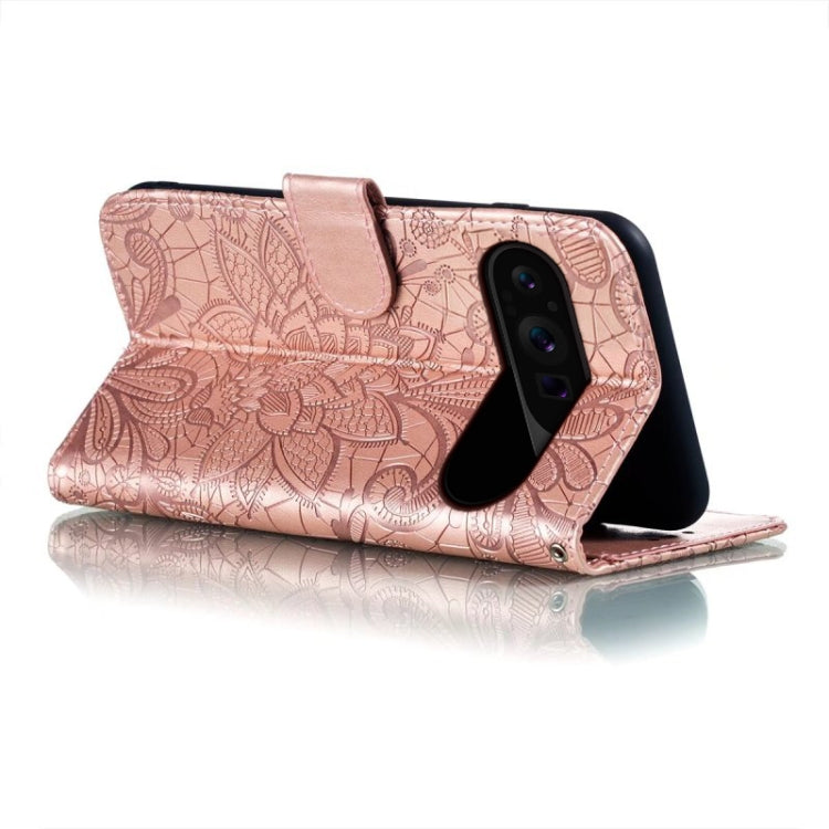 For Google Pixel 9 Pro Lace Flower Embossing Flip Leather Phone Case(Rose Gold) - Google Cases by PMC TechLife | Online Shopping South Africa | PMC TechLife | Buy Now Pay Later Mobicred