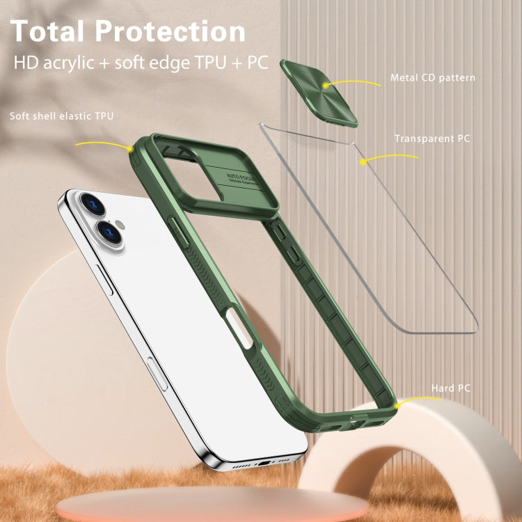 For iPhone 16 Sliding Camshield Acrylic Hybrid TPU Phone Case(Olive Green) - iPhone 16 Cases by PMC TechLife | Online Shopping South Africa | PMC TechLife | Buy Now Pay Later Mobicred